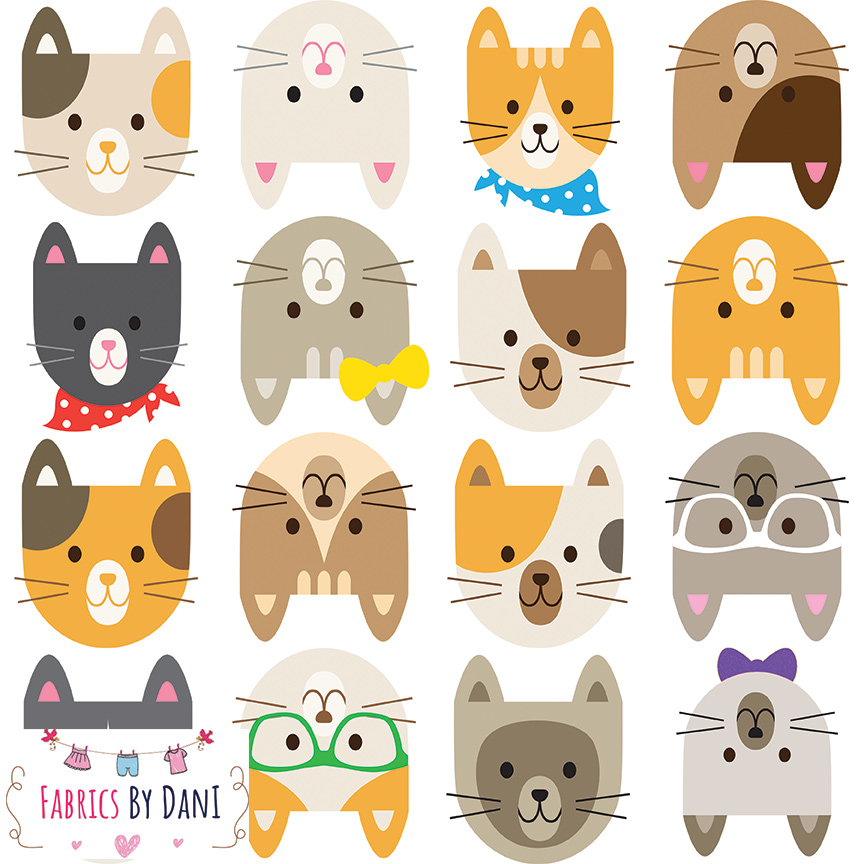 Hipster Cats on White Fabric
